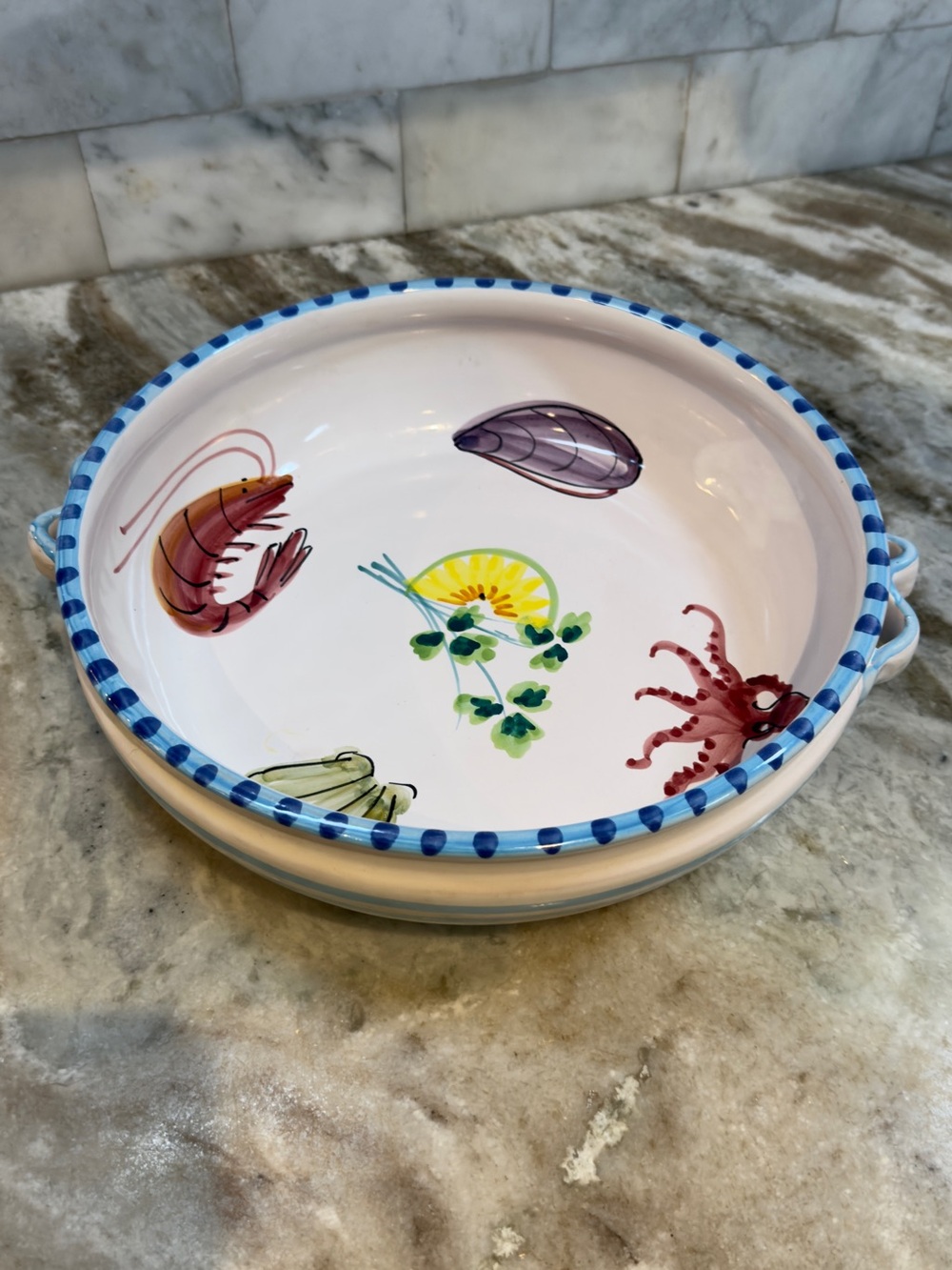 Vietri Seafood Buffet 12” Handled Vegetable Pasta Serving Bowl Made In Italy